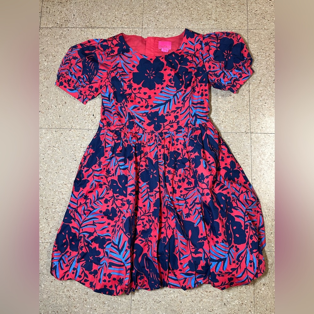 NWT Lilly Pulitzer Girls Formal Blue Ruby Red Heron‎ Bubble Dress Puff Sleeve 8